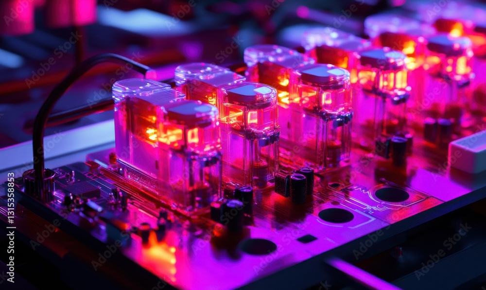 Poster dynamic glowing purple and red circuits illuminated by vibrant light creating a futuristic and bold 