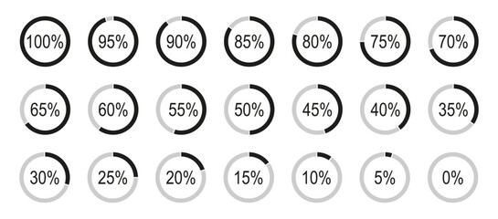 Round diagrams icons for infographics from 0 to 100 percent. Percentage infographics elements. Black, grey color fill divided pie charts minimalist indicator. Circle graph loading progress mockups.