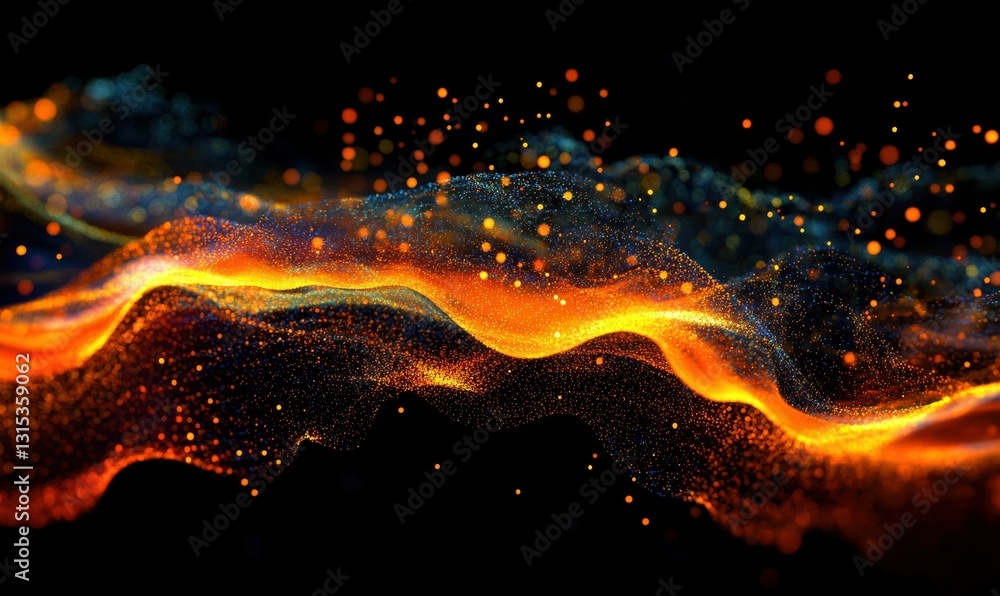 Poster dynamic network of glowing particles illuminated by vibrant gradient light forming a bold and futuri