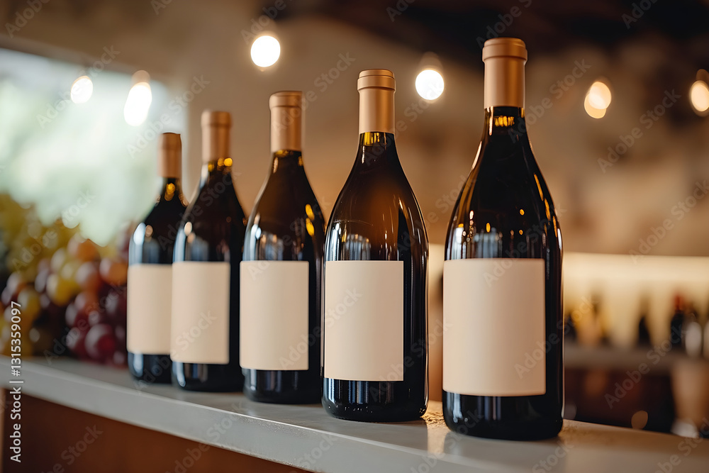 Aufkleber collection of wine bottles arranged in a stylish display with blank labels. generative ai.