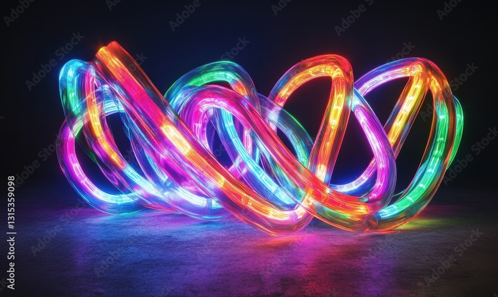 Poster dynamic motion trails of colorful neon light forming sleek curves illuminated against a dark backgro
