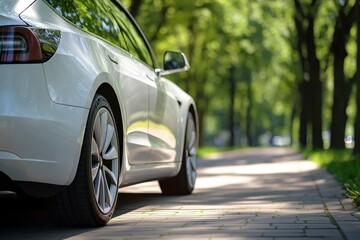 White Electric Car Parked on Brick Road with Trees Lining the Side, Eco-Friendly Transportation
