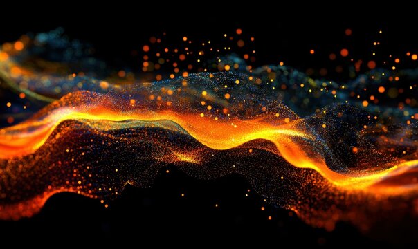 Dynamic network of glowing particles illuminated by vibrant gradient light forming a bold and futuristic abstract composition .