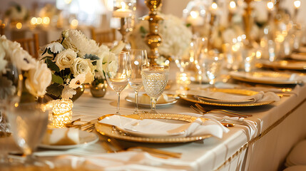 A wedding reception table adorned with elegant gold and white decorations