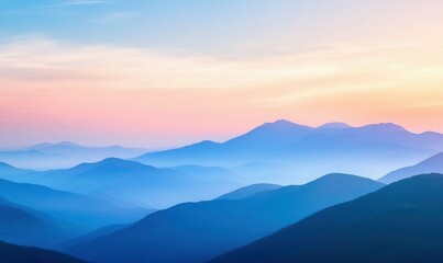 Fototapeta premium Serene artistic landscape of softly glowing pastel-colored mountains illuminated by warm sunset light forming a peaceful natural scene .