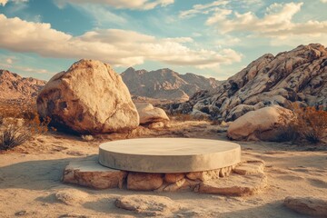 Desert Landscape with Rock Formations and Circular Podium on a Sunny Day