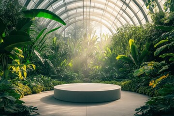 Botanical Garden Showcase with Tropical Plants and Circular Stage in a Glasshouse