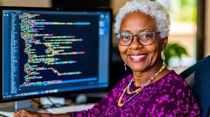 A woman sitting in front of a computer screen with code on it