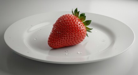 Fresh Strawberry on White Plate with Water Droplets Studio Shot