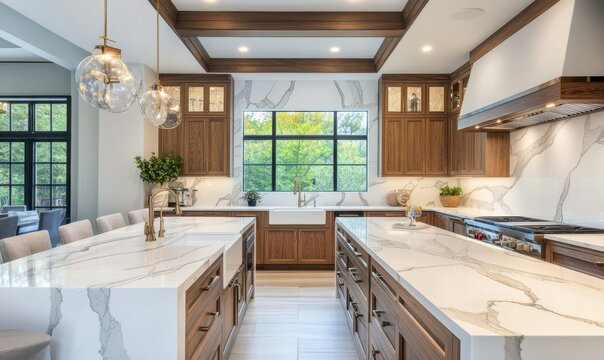 Luxurious modern kitchen glowing with soft ambient lighting, featuring sleek marble countertops and warm wooden accents