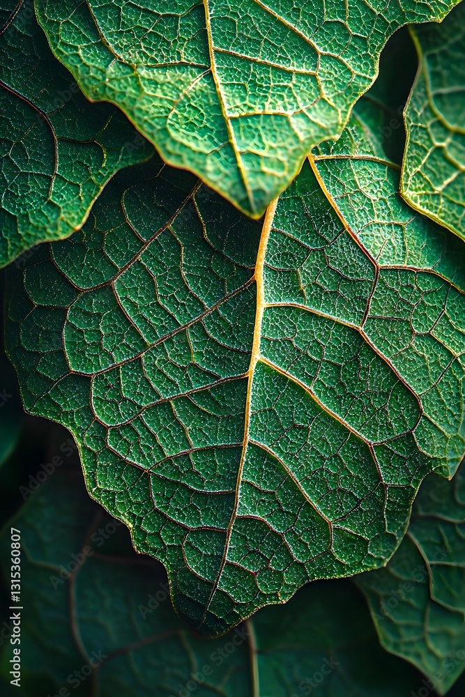 Poster close-up of vibrant green leaves showcasing intricate textures and patterns. generative ai