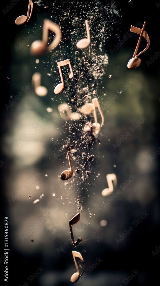 Poster floating notes amidst light particles in dark background