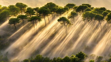Naklejka premium Golden Rays Illuminating a Misty Pine Forest