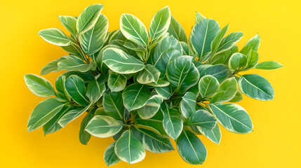 Vibrant Green and White Ficus Plant on Yellow Background