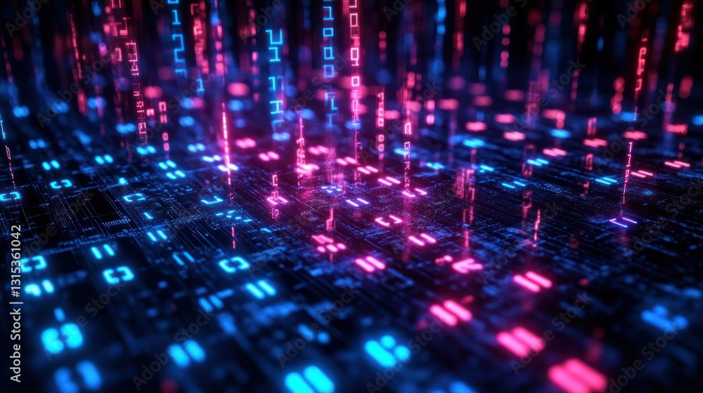 Poster cybernetic matrix blue and red digital streams over circuit-like base