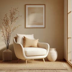 Comfortable neutralcolored chair with a stylish decorative arrangement