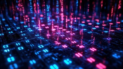 Cybernetic matrix Blue and red digital streams over circuit-like base