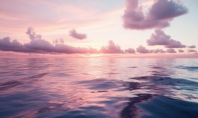 Serene ocean waves under a calm pastel sunrise, creating a tranquil and meditative atmosphere with soft reflections on the water