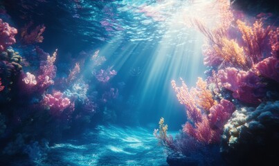 Serene underwater view of rippling blue water and glowing coral, illuminated by sunlight streaming through the surface
