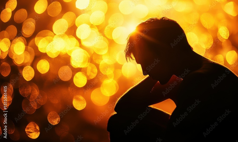 Poster silhouette of a man in deep thought surrounded by glowing golden bokeh, illuminated by warm tones fo