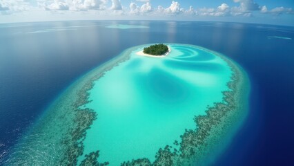 Aerial view of a tropical atoll with coral reef and turquoise lagoon waters	