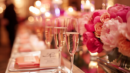 A wedding reception table with personalized name cards and champagne glasses