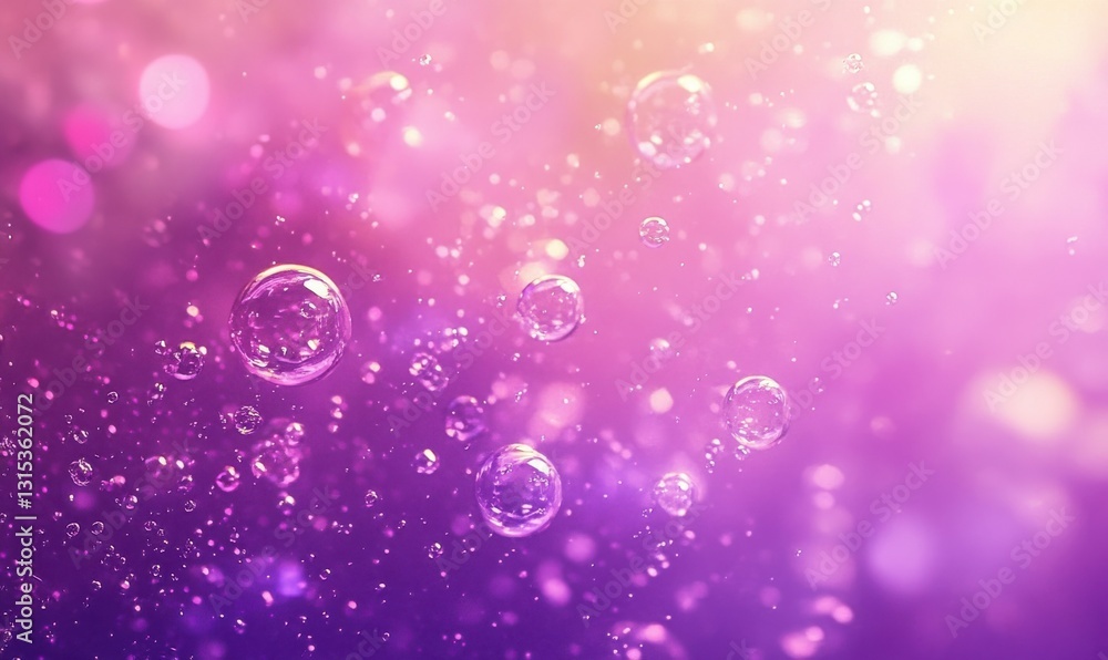 Poster sparkling soap bubbles floating through vibrant pink and purple bokeh, creating a playful and whimsi