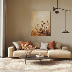 The interior is stylishly designed with flowers and the sofa