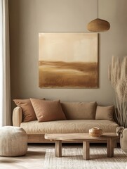 A living room features beige furniture with art and decor