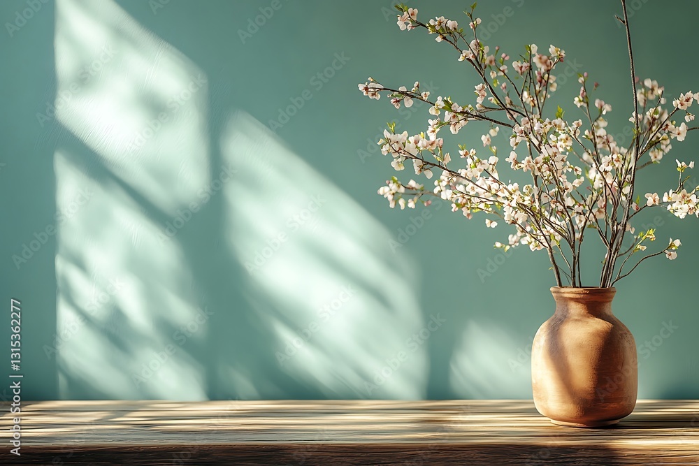 Poster minimalist dining table setup with a green backdrop, featuring a balanced composition with room for 