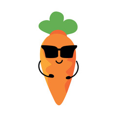 Carrot character with sunglasses, cute vegetable mascot, funny food illustration, smiling cartoon root, trendy orange design, happy organic food, healthy lifestyle, adorable fresh produce art, isolate