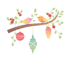 Christmas tree branch with retro Christmas balls. Glass toys in flat style. Bird, bell. Decor for Christmas, New Year and holidays. Hand-drawn isolated illustration on white background