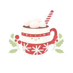 Hot chocolate cup with marshmallows, red with snowflake ornament. Christmas greeting card design element. Isolated vector illustration.