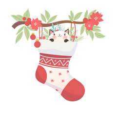 Cute cartoon kitten in Christmas socks. Adorable pet illustration for Merry Christmas greeting card design.