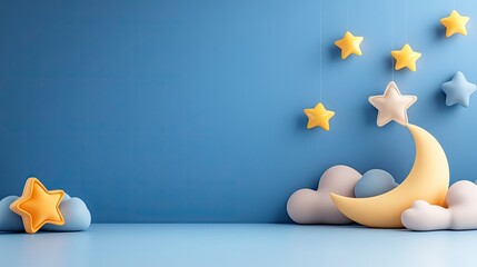 Pastel moon, stars, and clouds on a blue background.  Perfect for baby shower, nursery, or sleep-related designs.