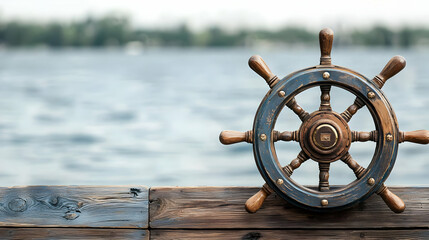 Obraz premium An Antique Captains Ship Wheel Made Of Brown Wood with Eight Handles Mounted On A Rustic Wooden Deck Overlooking Blue Water with Blurred Trees In The