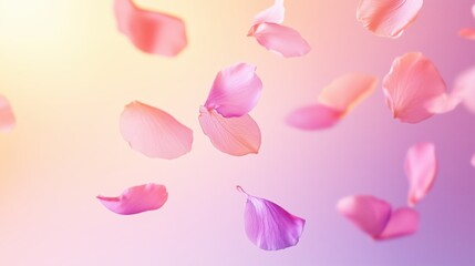 Soft pink and purple petals floating in the air against a pastel gradient background. A dreamy floral composition capturing the essence of spring, nature, and beauty in motion, ideal for seasonal, rom