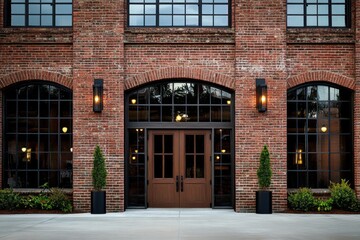 The entrance of the elegant brick building is beautifully illuminated at dusk, showcasing large windows and attractively styled landscaping that enhances its charm
