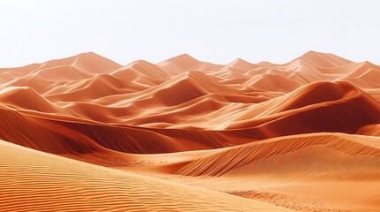 A tranquil desert scene with intricate sand patterns leading to towering dunes under a bright, clear sky.
