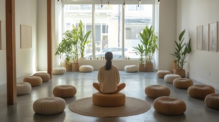 Yoga instructor guides a small class in a tranquil wellness studio setting. Generative AI