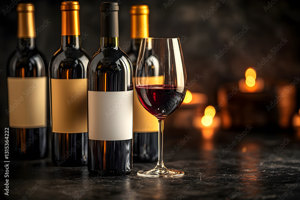 Poster collection of various wine bottles with blank labels and a glass of red wine. generative ai.