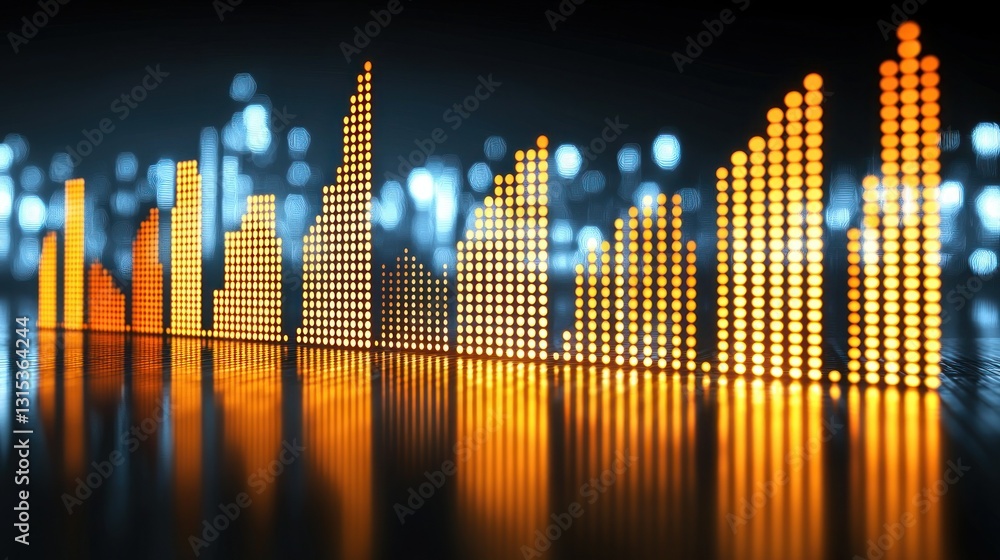 Aufkleber digital bar graph, warm illuminated glow on reflective surface, blurred bokeh background