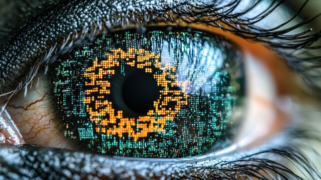 Digital eye with complex data pattern on the iris, macro shot