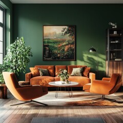 Modern living room with orange and green furniture