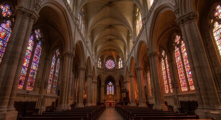 Fototapeta premium Exploring a Grand Cathedral Interior with Stained Glass and Stone Arches