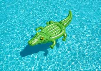 Aerial View of Green Crocodile Pool Float in Crystal Clear Blue Water, Summer Fun