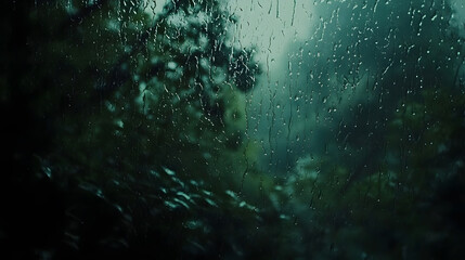 Rainy Day View Through a Windowpane Abstract Green Nature Scene
