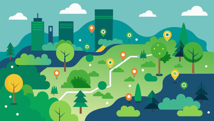 The map revealed the locations of green spaces and parks highlighted by data points representing the air quality and pollution levels in the area.. Vector illustration