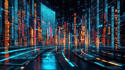 Digital cityscape with glowing lines, resembling servers and futuristic data
