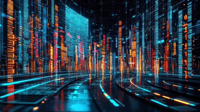 Digital cityscape with glowing lines, resembling servers and futuristic data